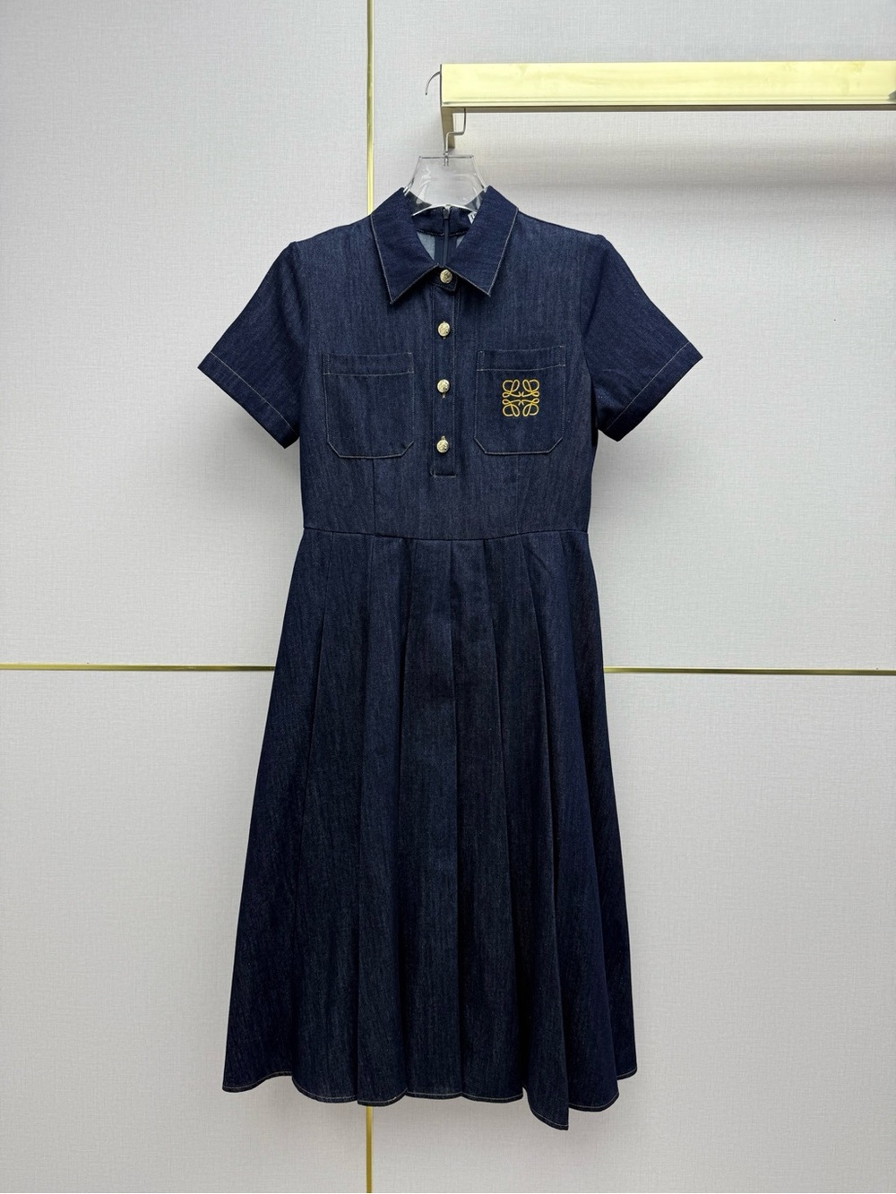 Loewe Dark Blue Denim Short-Sleeve Pleated Midi Dress with Gold Buttons - Picture 1 of 8